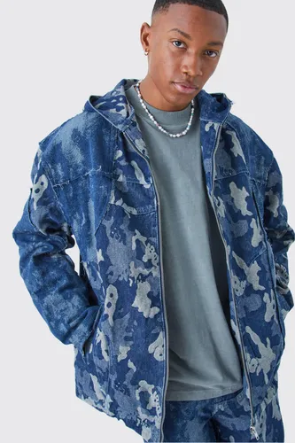 Men's Spliced Camo Hooded Denim Zip Through Jacket - Blue - S, Blue