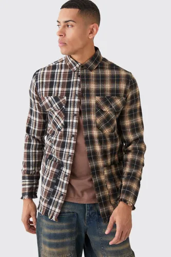 Men's Spliced Frayed Check Shirt - Brown - S, Brown
