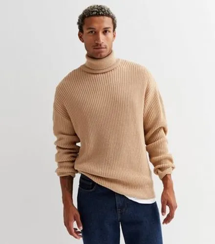 Men's Stone Roll Neck Relaxed Fit Jumper New Look
