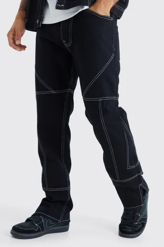 Men's Straight Rigid Contrast Stitch Zip Hem Jeans - Black - 28R, Black