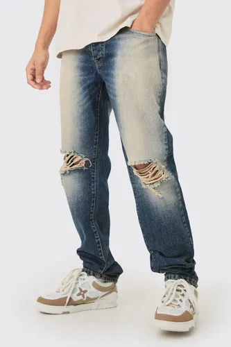 Mens Straight Rigid Washed Blue Ripped Knee Jeans, Blue