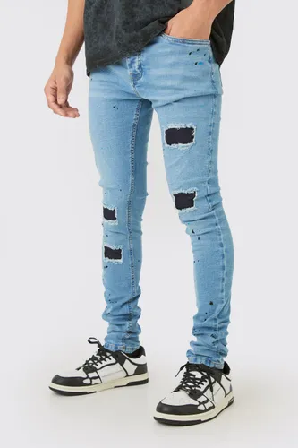 Mens Super Skinny Stretched Stacked Rip & Repair Jean In Light Blue, Blue