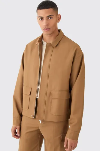 Men's Tailored Regular Fit Pocket Front Zip Up Harrington Jacket - Brown - 34, Brown