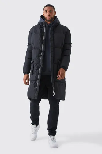 Men's Tall 4 Pocket Longline Hooded Puffer Jacket In Black - S, Black