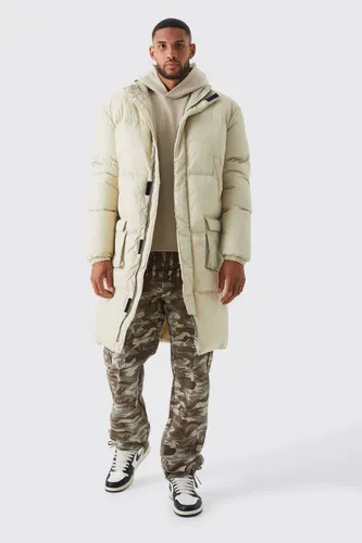 Men's Tall 4 Pocket Longline Hooded Puffer Jacket In Ecru - Cream - S, Cream