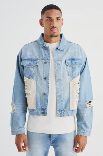 Men's Tall Boxy Fit Distressed Panelled Denim Jacket - Blue - M, Blue