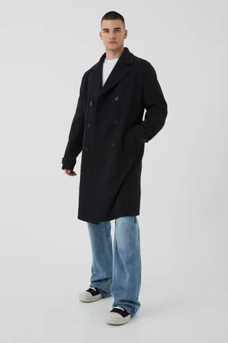 Mens Tall Double Breasted Wool Look Overcoat in Black, Black