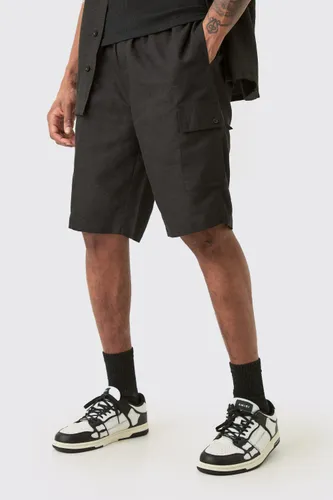 Mens Tall Elasticated Waist Relaxed Linen Cargo Shorts In Black, Black