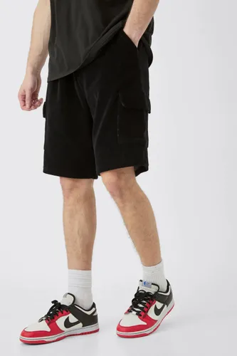 Men's Tall Elasticated Waist Velour Cargo Shorts - Black - S, Black