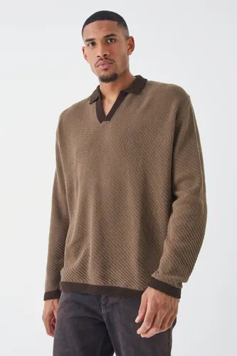 Men's Tall Long Sleeved Oversized Contrast Collar Knitted Polo - Beige - S, Beige