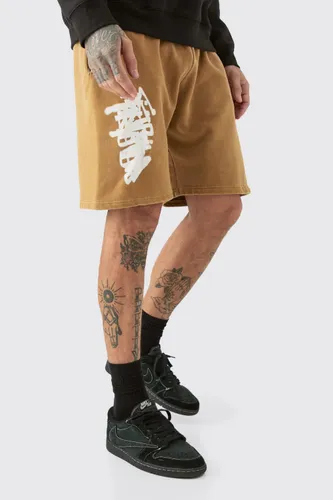 Men's Tall Loose Fit Overdye Graffiti Jersey Shorts - Brown - L, Brown