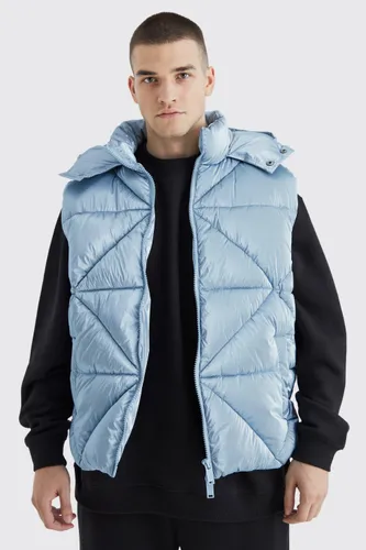 Men's Tall Metallic Quilted Gilet With Hood - Blue - S, Blue