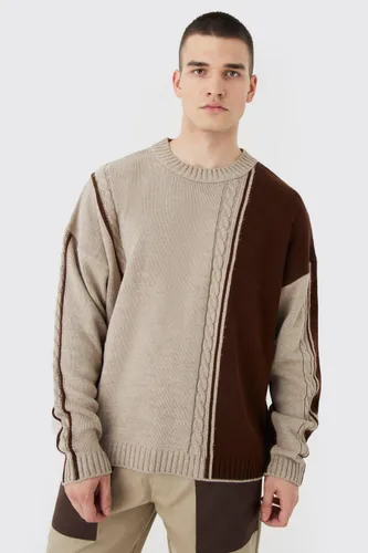 Men's Tall Oversized Boxy Cable Colour Block Jumper - Brown - M, Brown