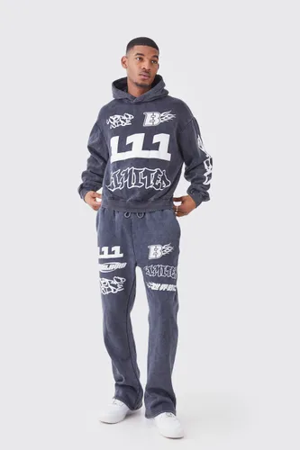 Men's Tall Oversized Boxy Ribbed Puff Print Wash Hooded Tracksuit - Grey - S, Grey
