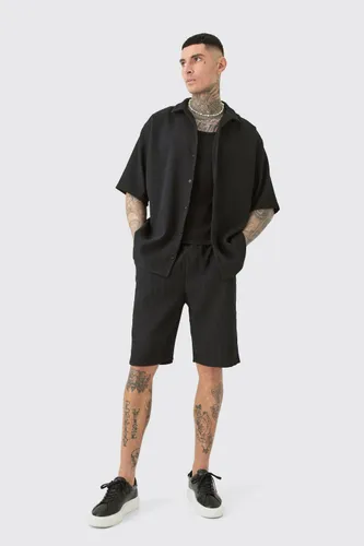 Men's Tall Oversized Short Sleeve Pleated Shirt & Short Set - Black - L, Black