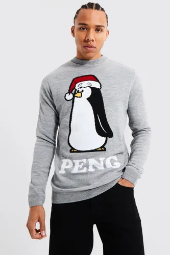 Men's Tall Peng Novelty Christmas Jumper - Grey - S, Grey