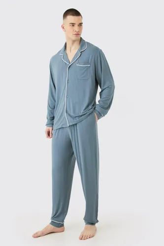 Men's Tall Premium Modal Mix Relaxed Lounge Shirt & Bottom Set - Blue - S, Blue