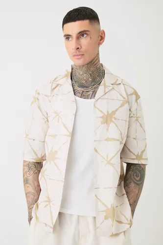 Men's Tall Short Sleeve Drop Revere Abstract Poplin Print Shirt - Beige - Xl, Beige
