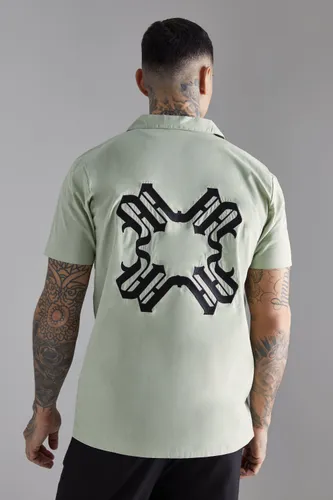 Men's Tall Short Sleeve Drop Revere Back Embroidered Shirt - Green - S, Green
