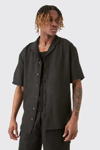 Mens Tall Short Sleeve Drop Revere Linen Shirt In Black, Black