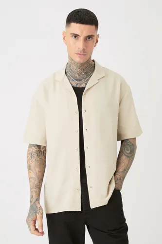 Men's Tall Short Sleeve Drop Revere Linen Shirt In Natural - Beige - S, Beige