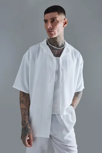 Mens Tall Short Sleeve Drop Revere Linen Shirt In White, White