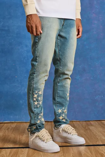 Men's Tall Slim Rigid Pu Star Applique Gusset Jeans - Grey - 38, Grey