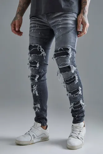 Men's Tall Super Skinny Pu Biker Rip & Repair Paint Splatter Jeans - Grey - 34, Grey
