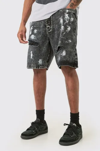 Men's Tall Washed Black Paint Splatter Relaxed Denim Shorts - 30, Black