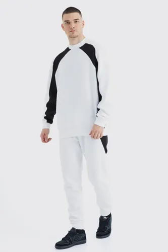 Men's Tall Zip Detail Colour Block Jumper Tracksuit - White - S, White
