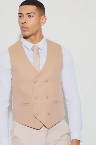 Men's Textured Double Breasted Waistcoat - Brown - 34, Brown