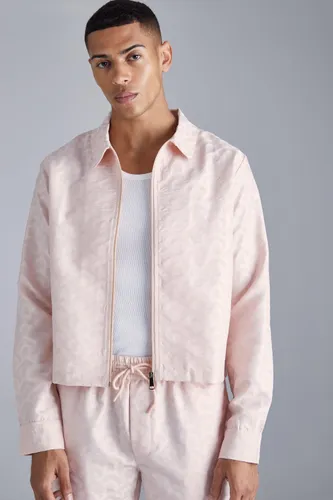 Men's Textured Geo Boxy Zip Through Overshirt - Pink - L, Pink