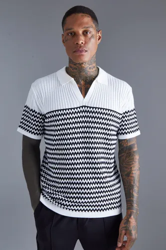 Men's V Neck Striped Knitted Polo - White - S, White