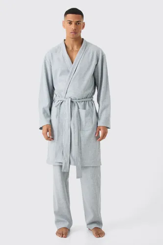 Men's Waffle Dressing Gown & Relaxed Fit Bottoms In Grey Marl - S, Grey