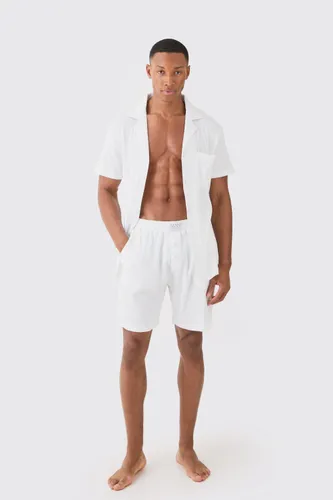 Men's Waffle Lounge Shirt & Short Set In White - S, White