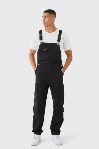 Men's Washed Twill Multi Cargo Pocket Relaxed Fit Dungarees - Black - 28, Black