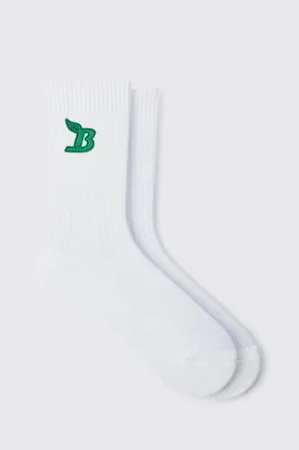 Mens White B Embroidered Sports Socks, White