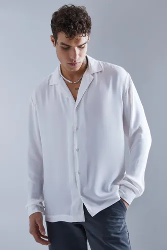 Mens White Long Sleeve Drop Revere Sateen Look Shirt, White