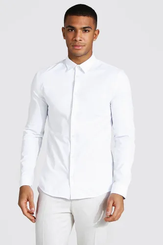 Mens White Muscle Fit Long Sleeve Shirt, White