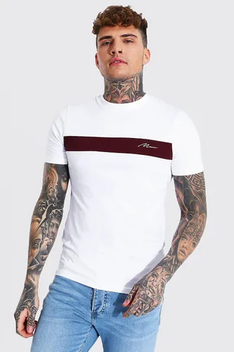 Mens White Muscle Fit Man Signature Colour Block T-shirt, White