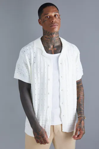 Mens White Open Stitch Button Down Knitted Shirt, White