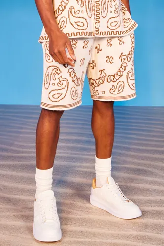 Mens White Oversized Bandana Basketball Knitted Shorts, White
