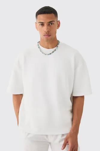 Mens White Oversized Boxy Extended Neck Textured T-shirt, White