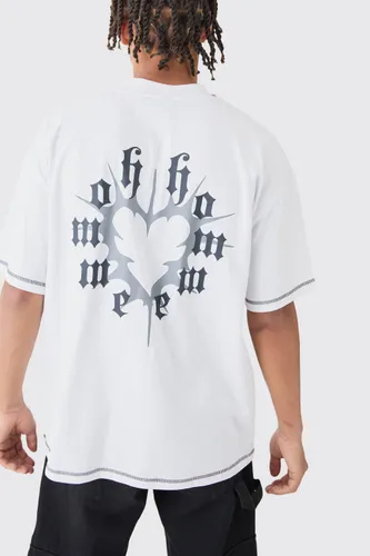 Mens White Oversized Graphic Heart Contrast Stitch T-shirt, White