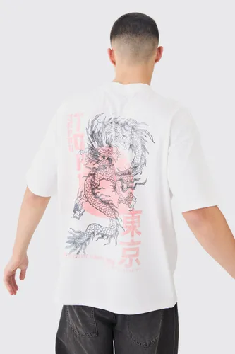 Mens White Oversized Heavyweight Dragon T-shirt, White