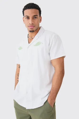 Mens White Oversized Linen Look Leaf Embroidered Shirt, White