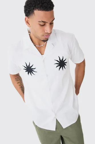 Mens White Oversized Linen Look Sun Embroidered Shirt, White