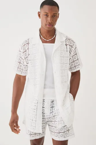 Mens White Oversized Open Weave Lace Shirt, White