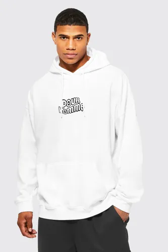 Mens White Oversized Pour Homme Graphic Hoodie, White