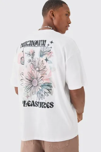 Mens White Oversized Unknown Pleasures Floral Back Print T-shirt, White